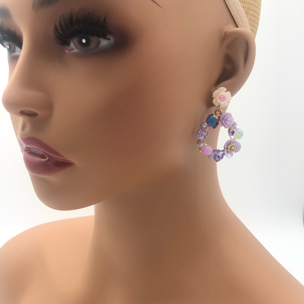 Rose Multi Rhinestone Hoop Earrings - Picture 3 of 7